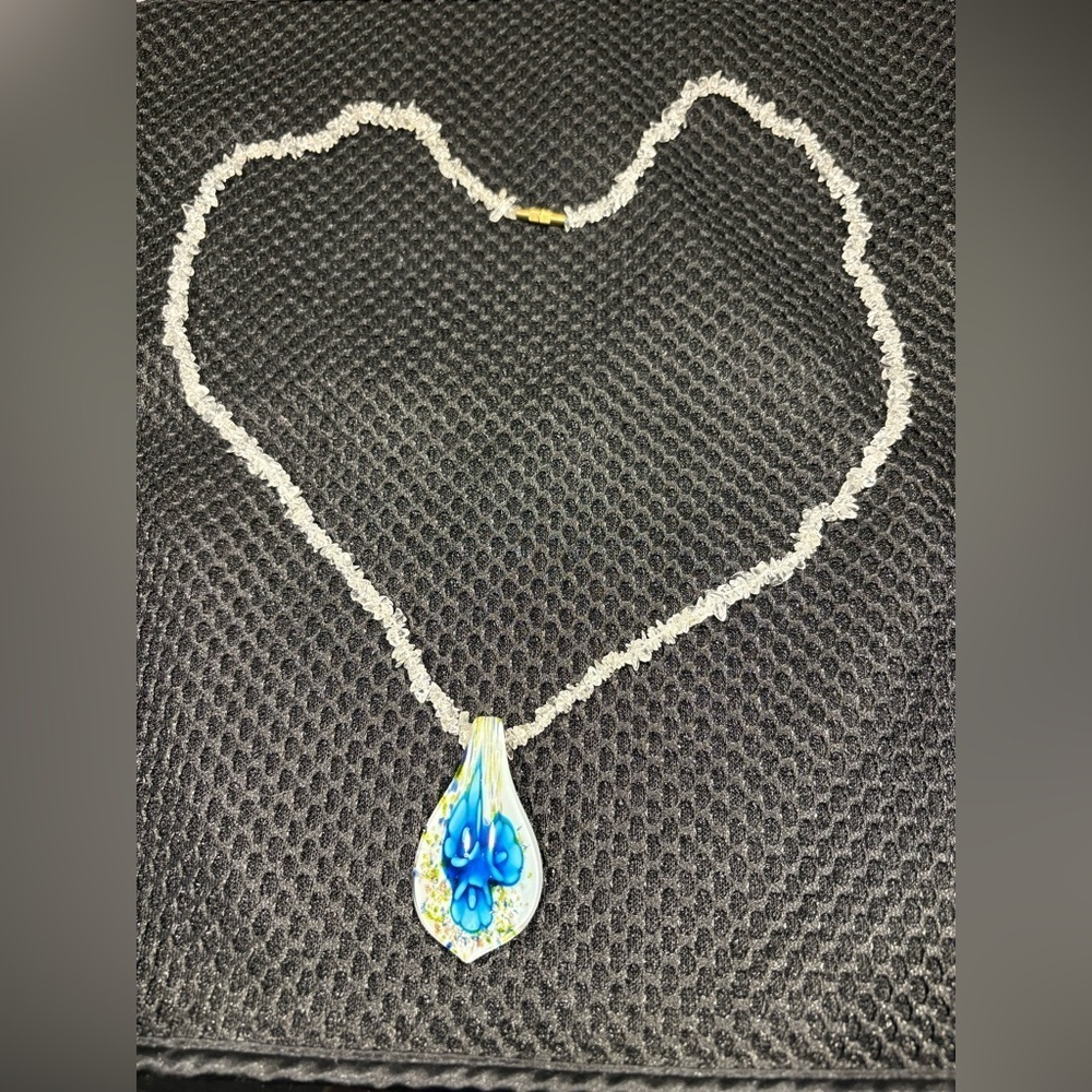 Delicate Floral Teardrop Glass Pendant Necklace with Vibrant Blue Flowers - Picture 5 of 12